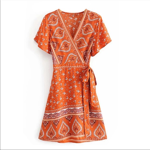 Boho Floral Gypsy Print Short Wrap Dress Orange - Picture 4 of 10